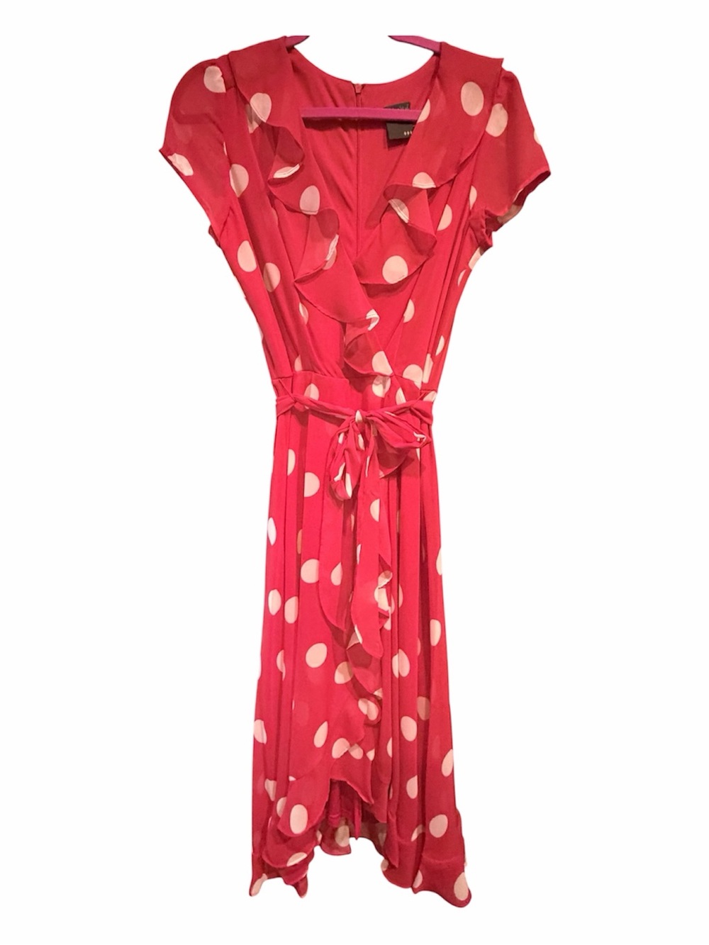 Gabby Skye Polka Dot Ruffle Midi Dress Wrap High Low